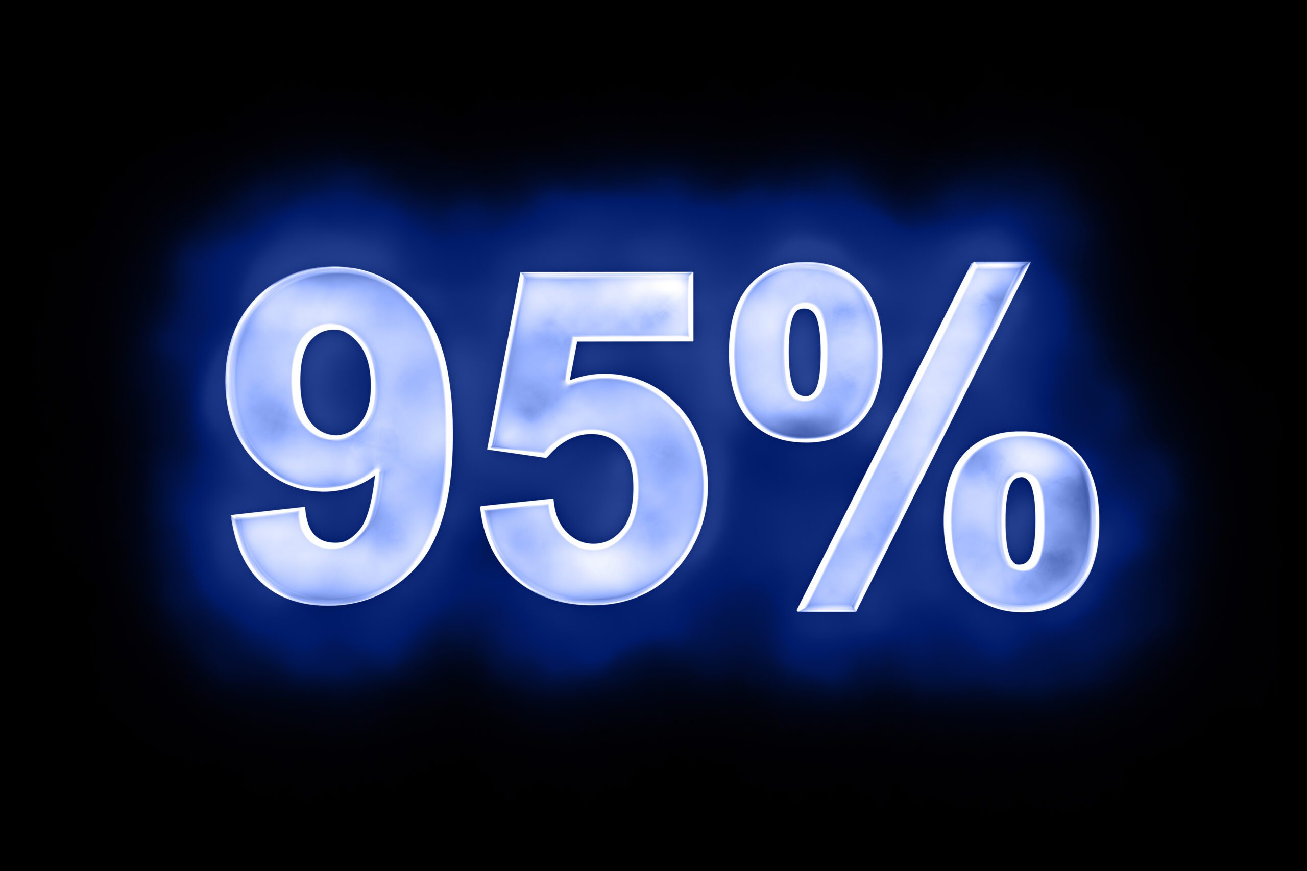 3d illustration of 95 percent in glowing mottled white numerals on a blue background with a black surround